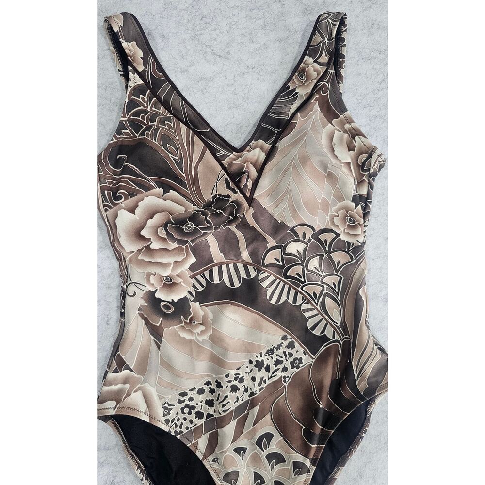 Gottex Floral One Piece Swimsuit V-Neck Brown Beige US 10 Made Israel - Picture 6 of 9